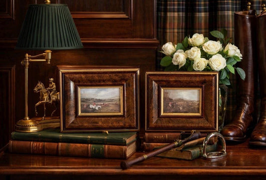 Vintage Belgian Fox Hunting Prints Under Glass — Traditional English Hunt Scene, Framed Pair