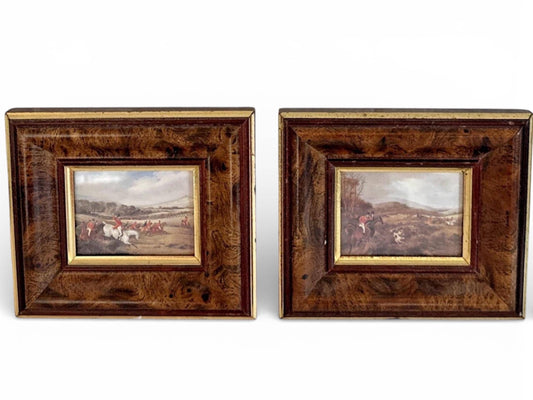 Vintage Belgian Fox Hunting Prints Under Glass — Traditional English Hunt Scene, Framed Pair
