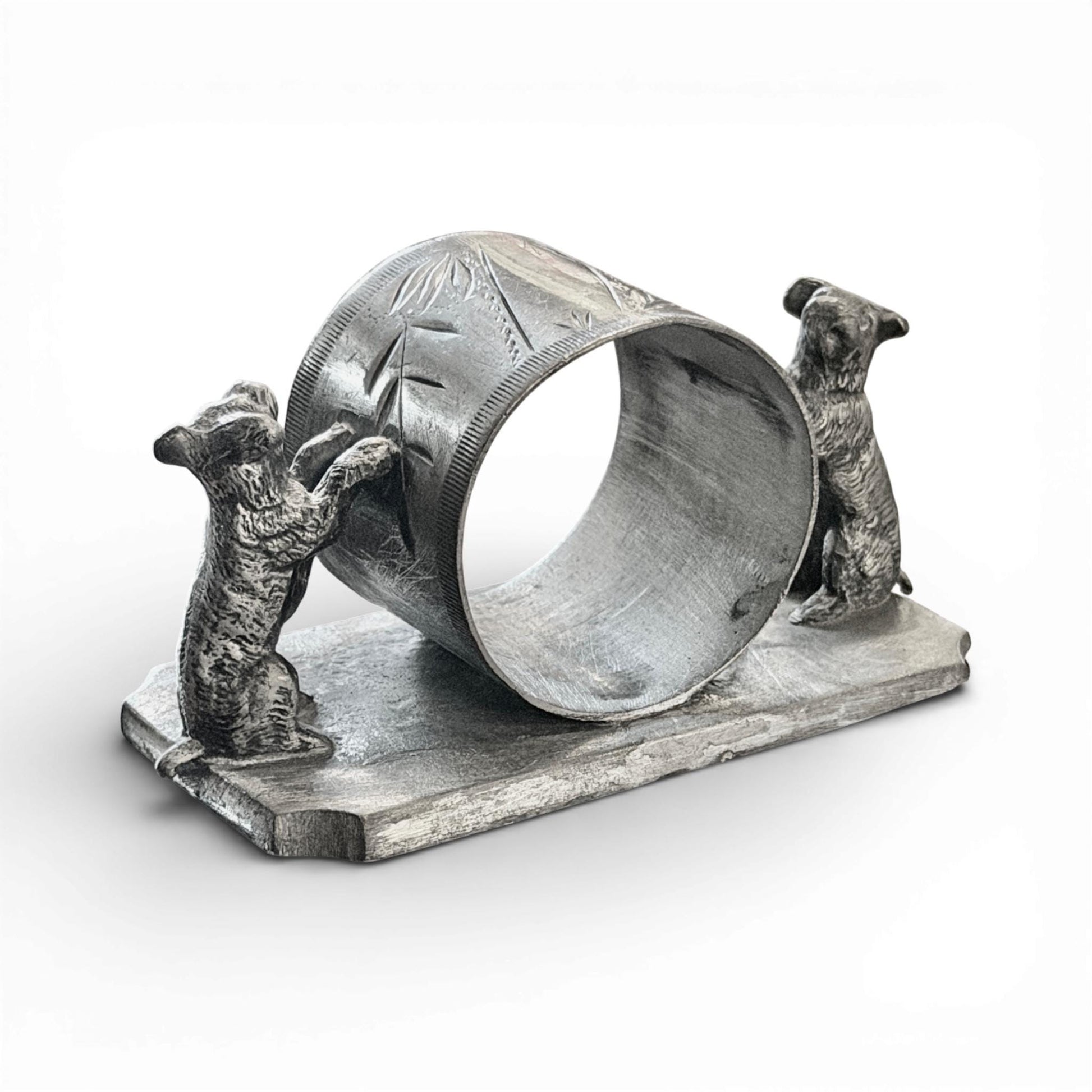 Antique Victorian Figural Dog Napkin Ring | Babcock Quadruple Silverplate