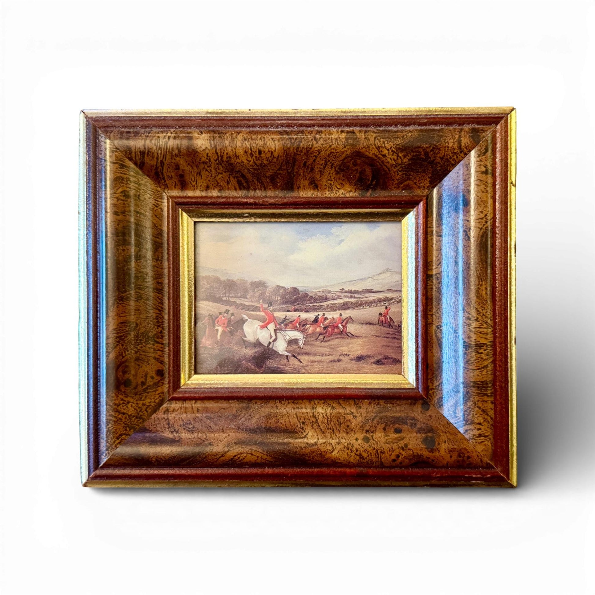 Vintage Belgian Fox Hunting Prints Under Glass — Traditional English Hunt Scene, Framed Pair