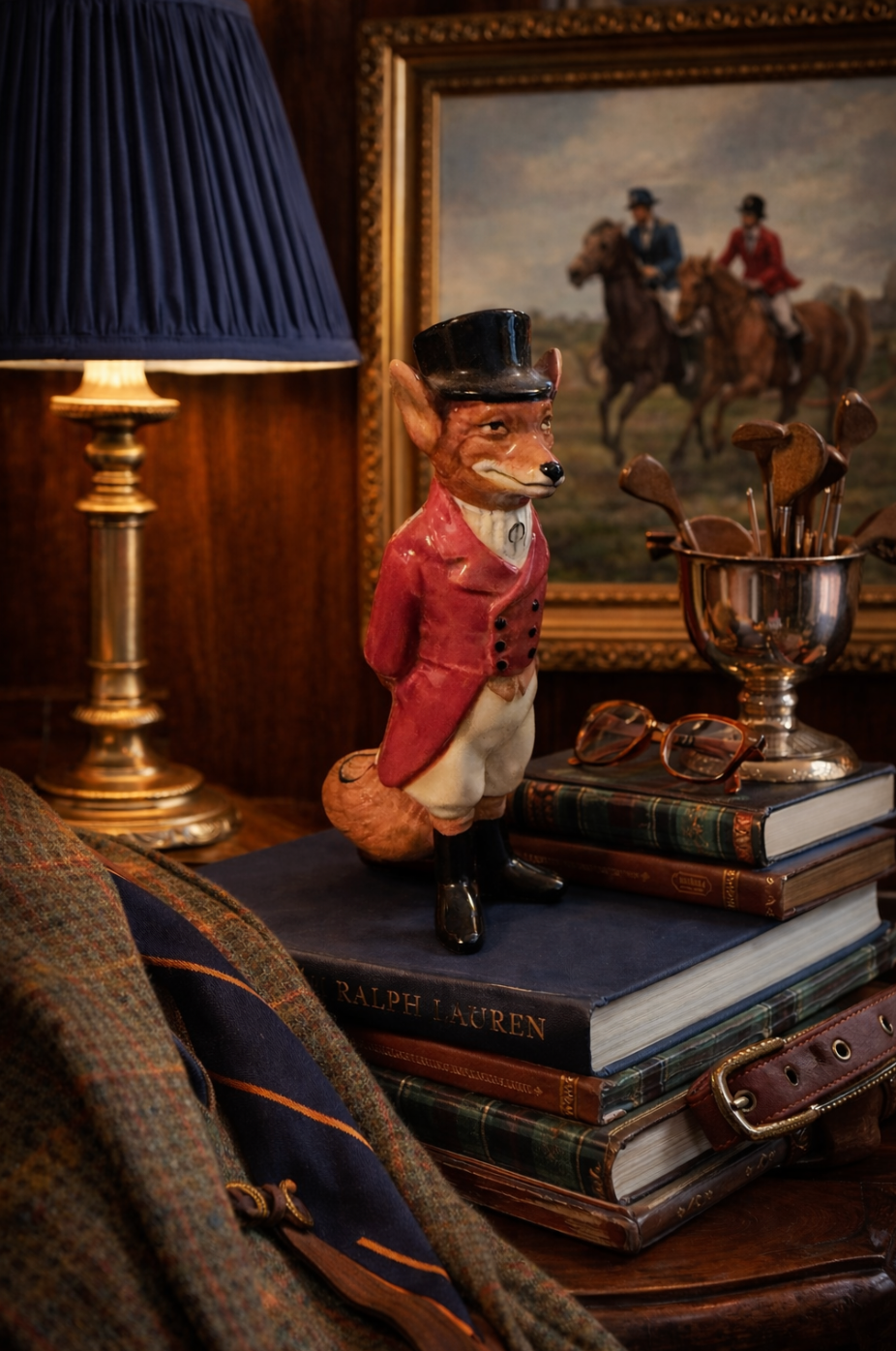 Decorative fox figure on books with a lamp and painting in the background