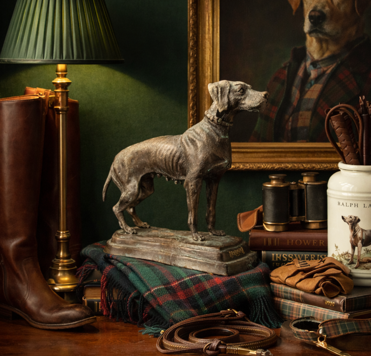 Decorative still life with a bronze dog statue, plaid blanket, boots, and framed portrait on a dark green wall.