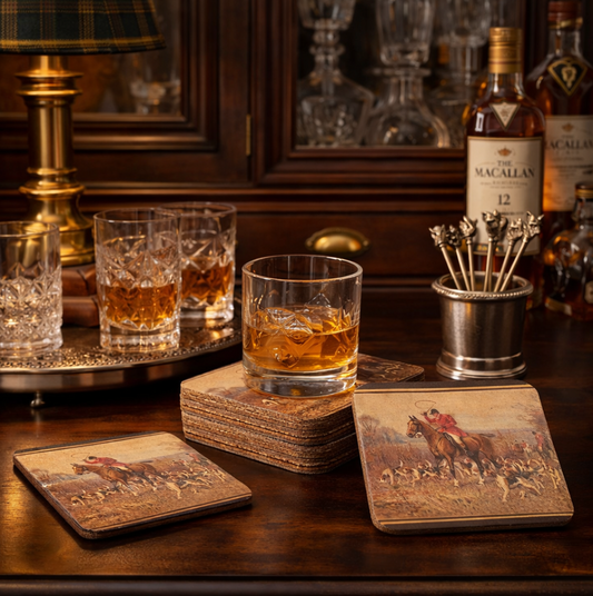 Whiskey glasses and coasters on a wooden table with Macallan bottles in the background