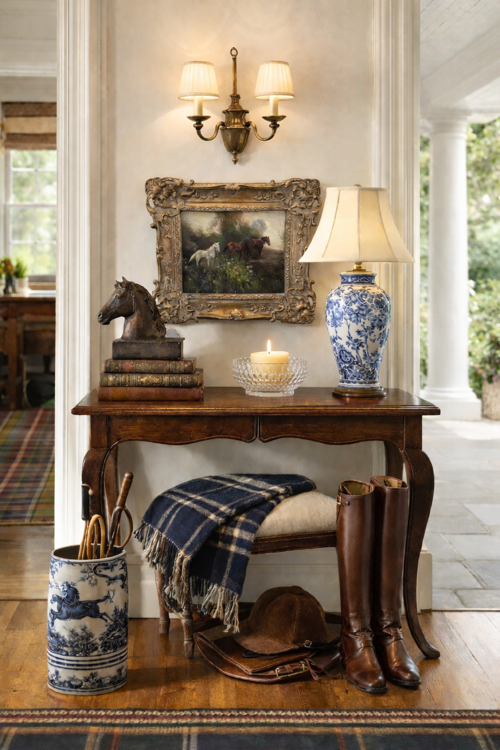 Vintage Horse Oil Painting – Equestrian Landscape in Gilt Frame