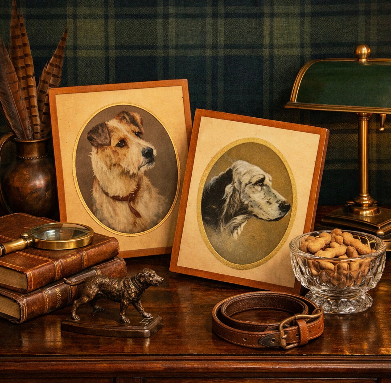 Pair of vintage hunting dog portrait plaques with gold leaf detailing