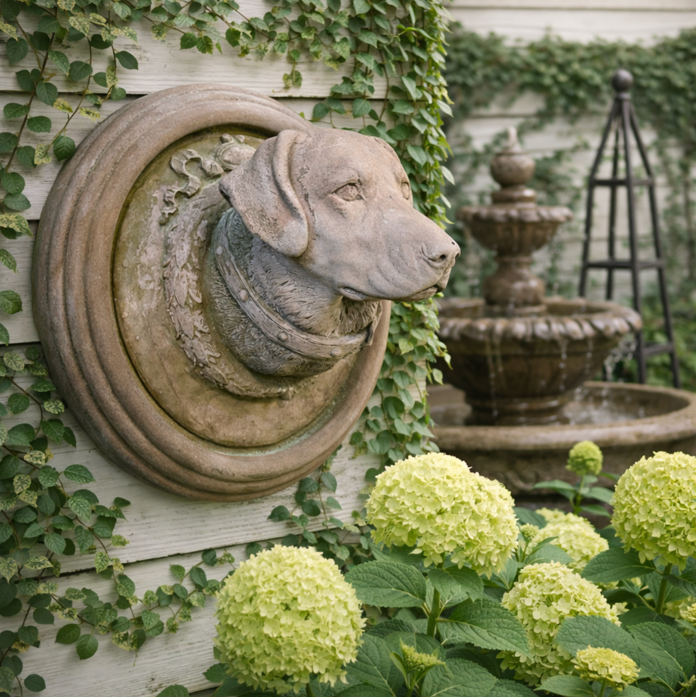 Stone sculpture of a dog head on a wall with a fountain and flowers in the background